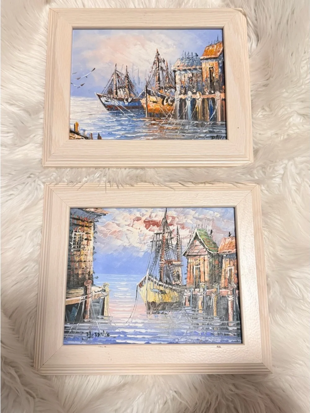 Framed Seascape Oil Paintings Set of 2 Signed Coastal Harbor Art Vintage Style